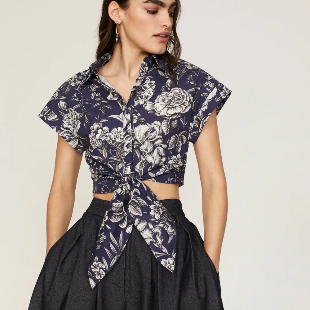 Adam Lippes printed floral button down self-tie top.
